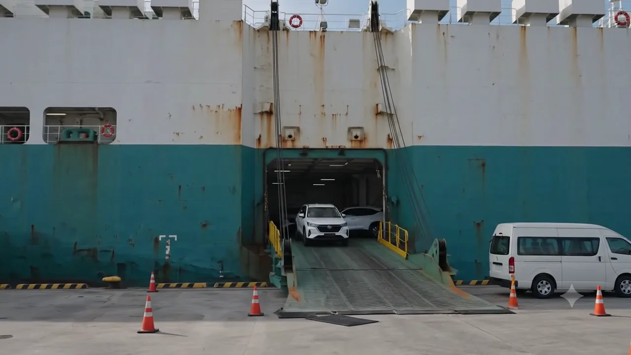Një automjet në rampën e një anijeje transporti